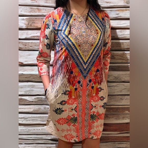 GB GIANNI BINI Women’s Jewel Neck Dress Zip Back 3/4 Sleeve Boho - Picture 3 of 8